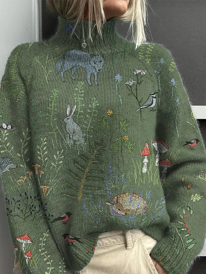 Women's long-sleeve printed turtleneck sweater with ribbed trims