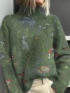 Women's long-sleeve printed turtleneck sweater with ribbed trims