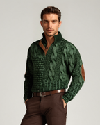 Men's textured knit sweater with mock neck, button placket and elbow patches