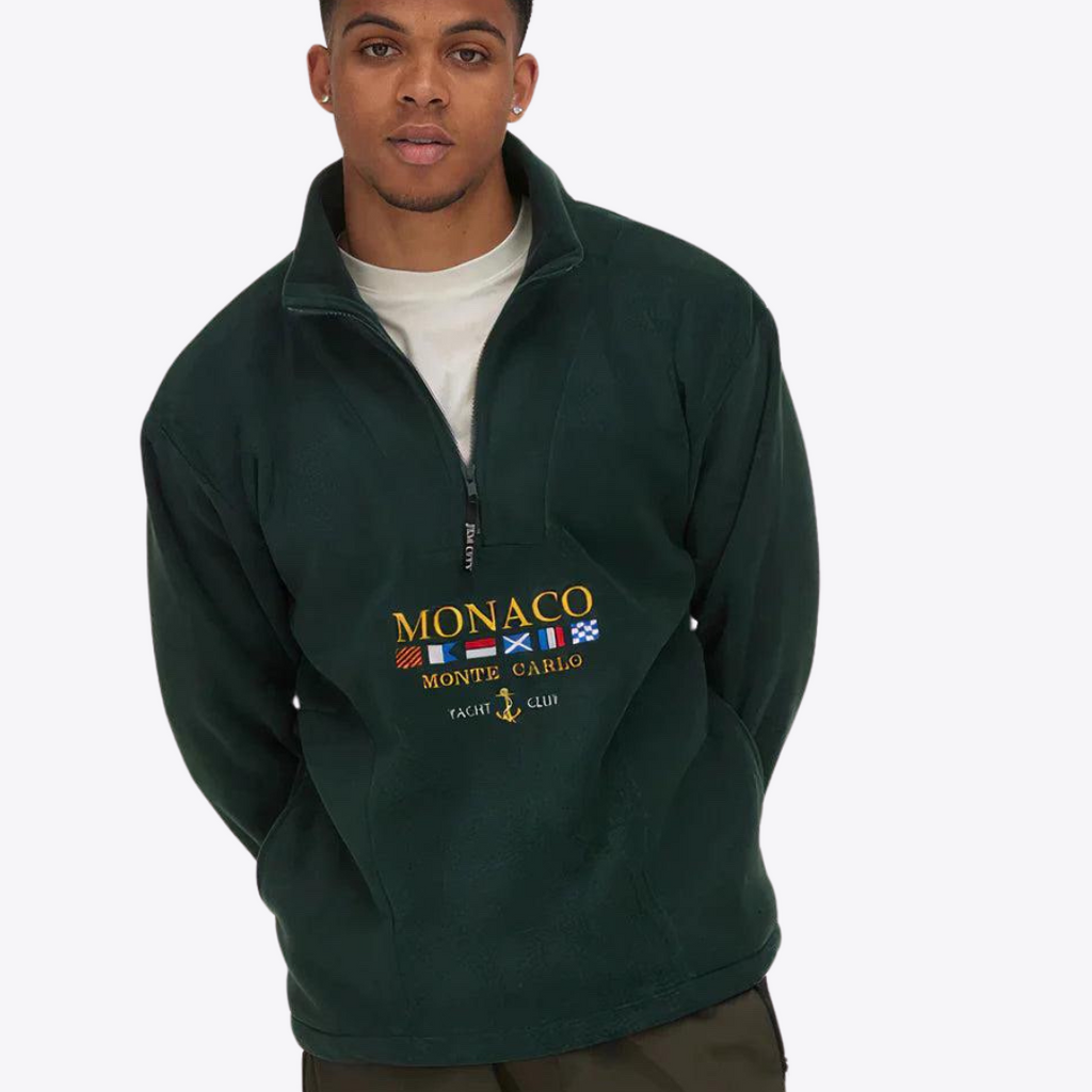 Men's quarter-zip sweater with Monaco graphic, mock neck and long sleeves