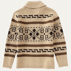 Men's shawl collar cardigan with geometric patterned knit and zip front