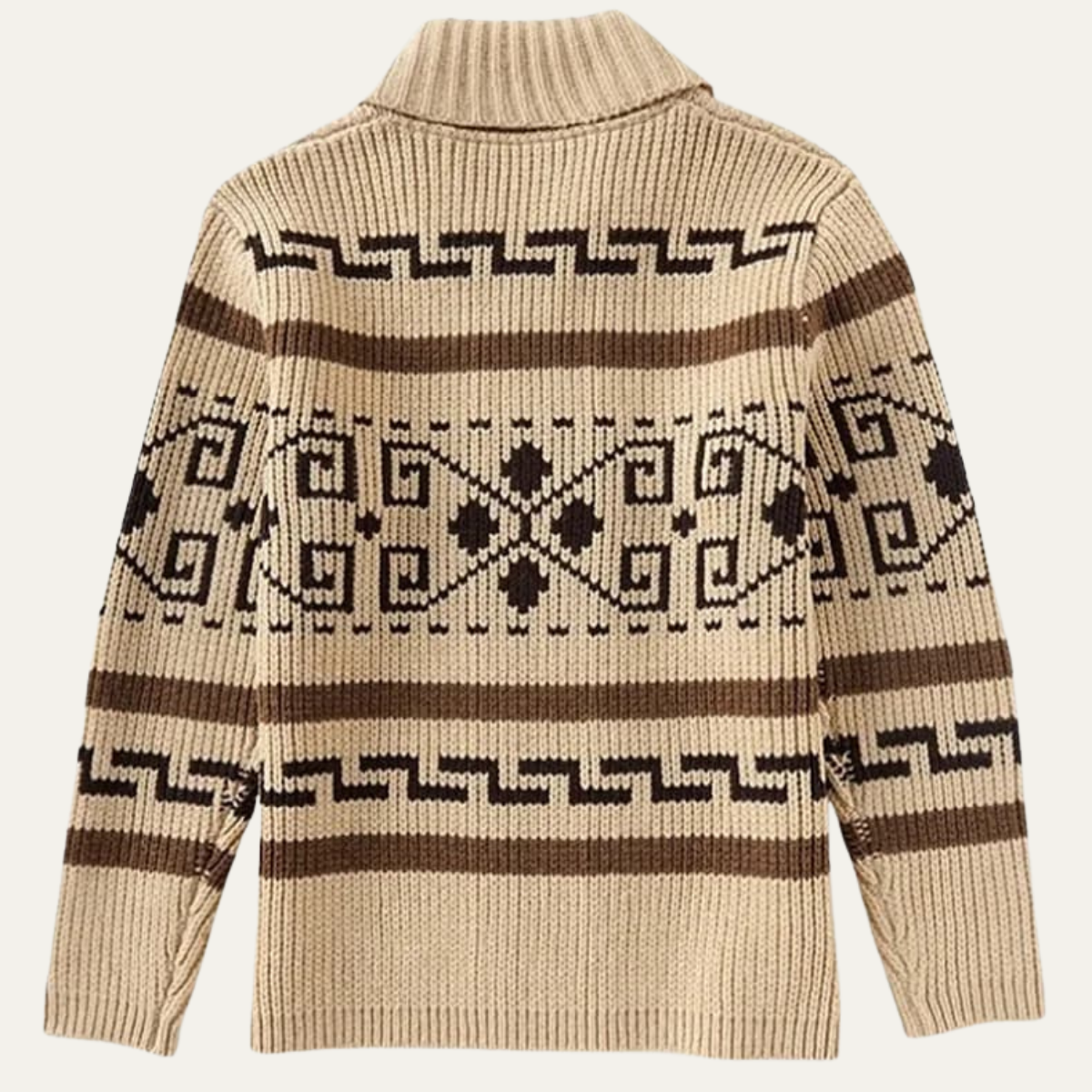Men's shawl collar cardigan with geometric patterned knit and zip front