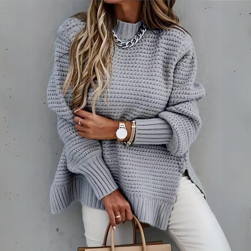 Women's textured knit jumper shown in black, grey and beige