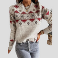 Women's beige and red geometric knit sweater with crew neck and long sleeves