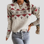Women's beige and red geometric knit sweater with crew neck and long sleeves