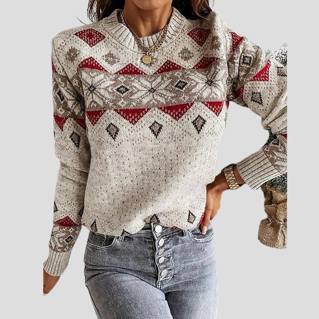 Women's beige and red geometric knit sweater with crew neck and long sleeves