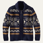 Men's shawl collar cardigan with geometric patterned knit and zip front