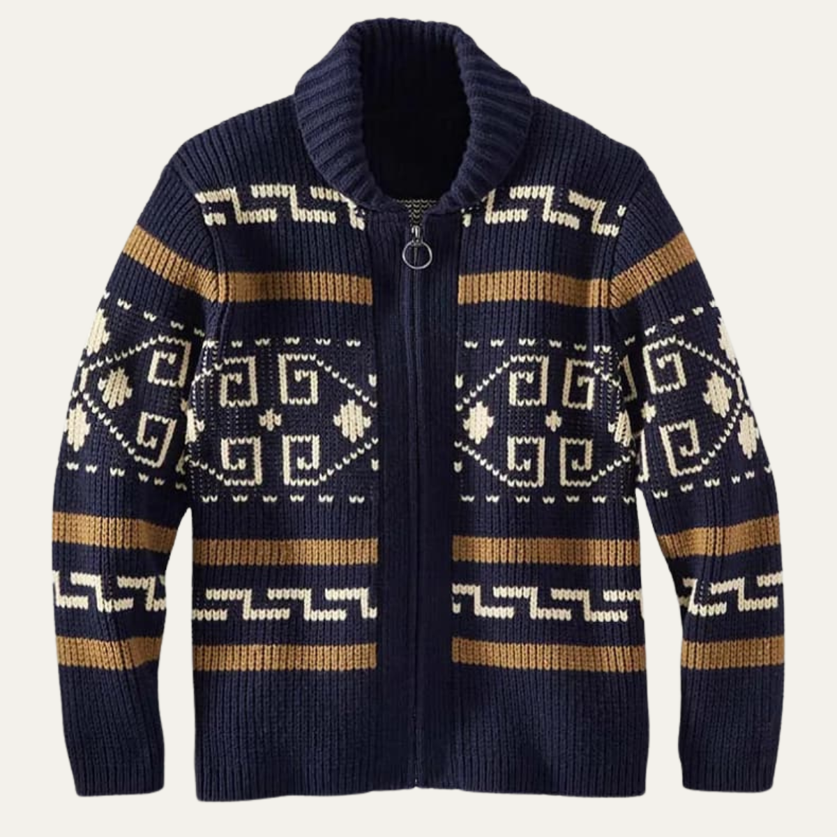Men's shawl collar cardigan with geometric patterned knit and zip front