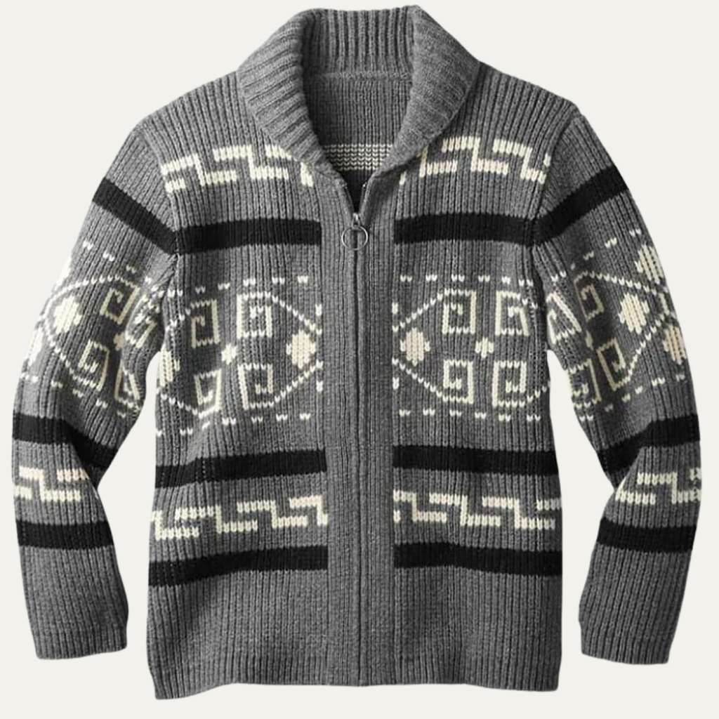Men's shawl collar cardigan with geometric patterned knit and zip front
