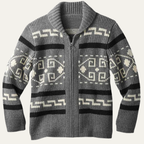 Men's shawl collar cardigan with geometric patterned knit and zip front