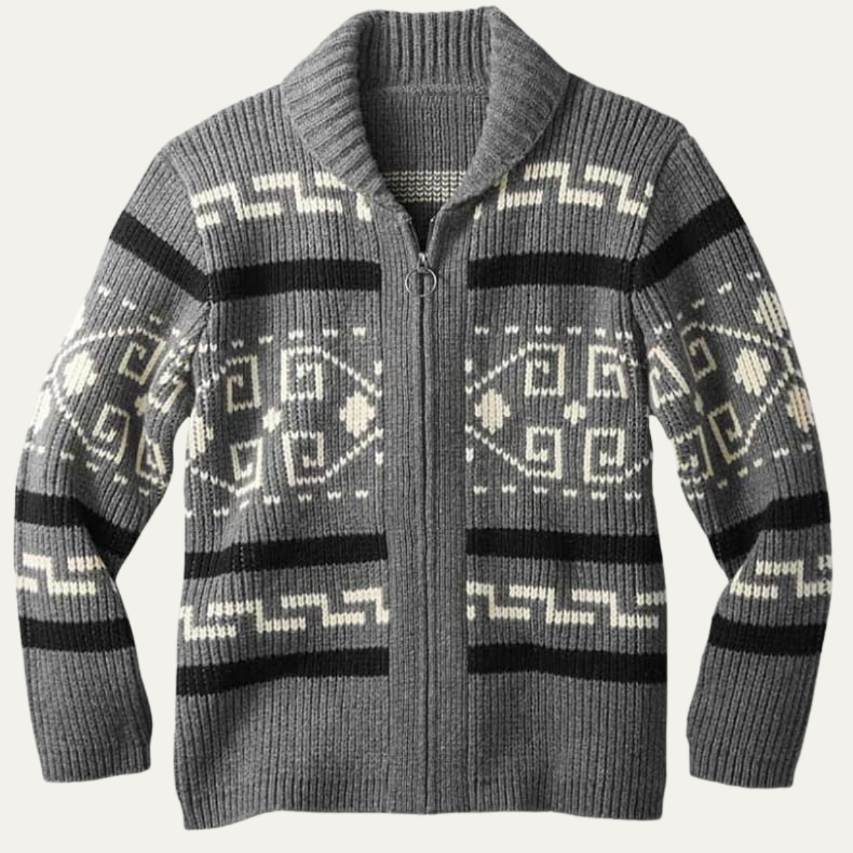 Men's shawl collar cardigan with geometric patterned knit and zip front