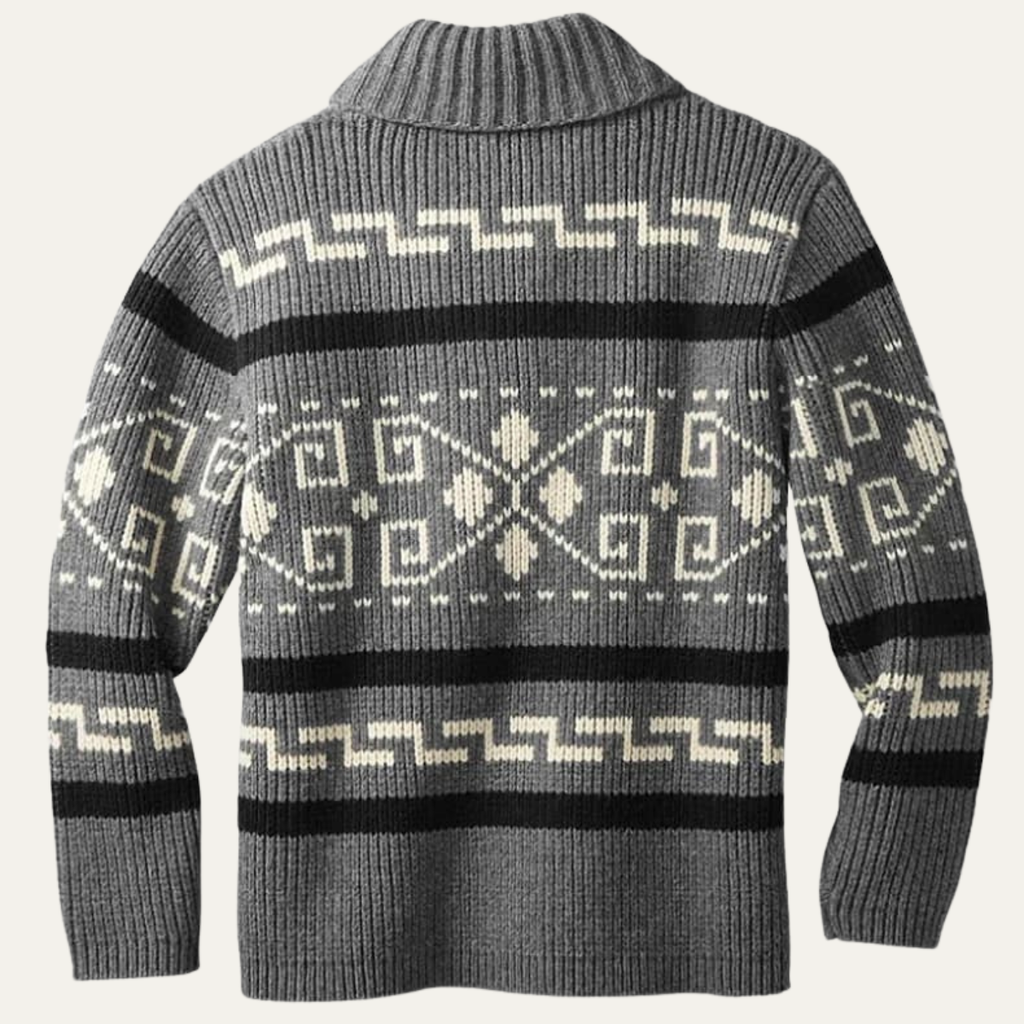 Men's shawl collar cardigan with geometric patterned knit and zip front