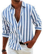 Men's striped button front shirt with rolled long sleeves
