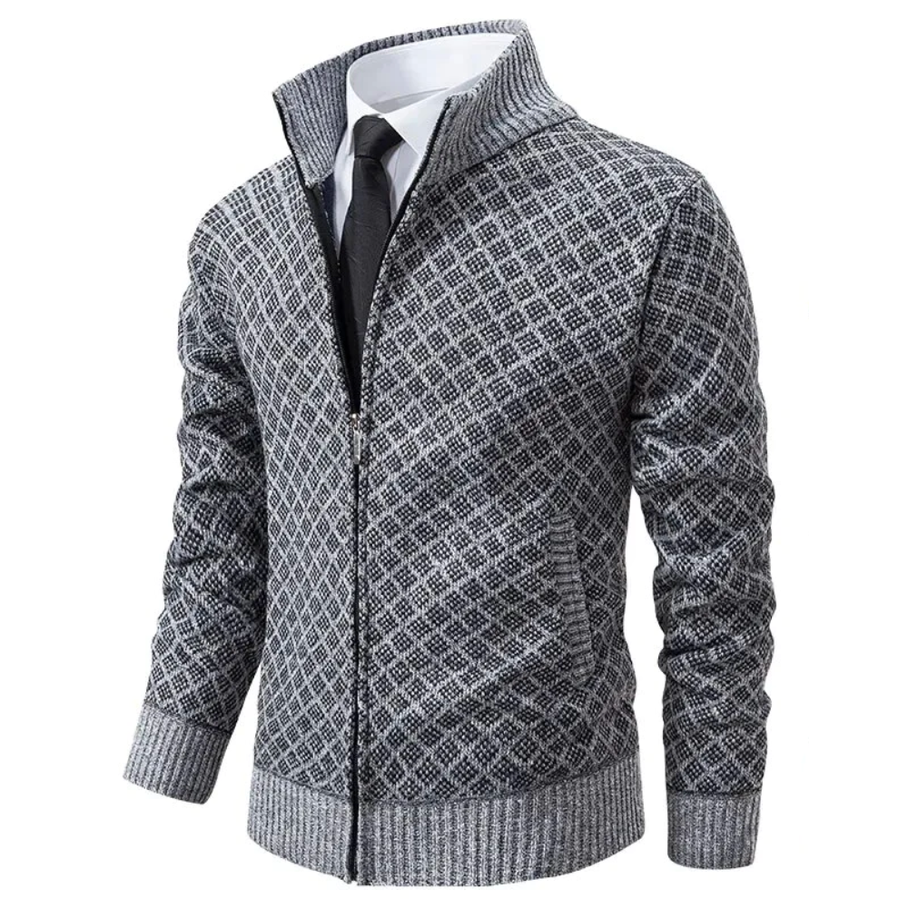 Men's diamond pattern zip-front sweater with stand collar