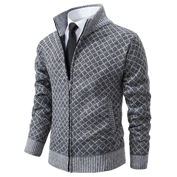 Men's diamond pattern zip-front sweater with stand collar
