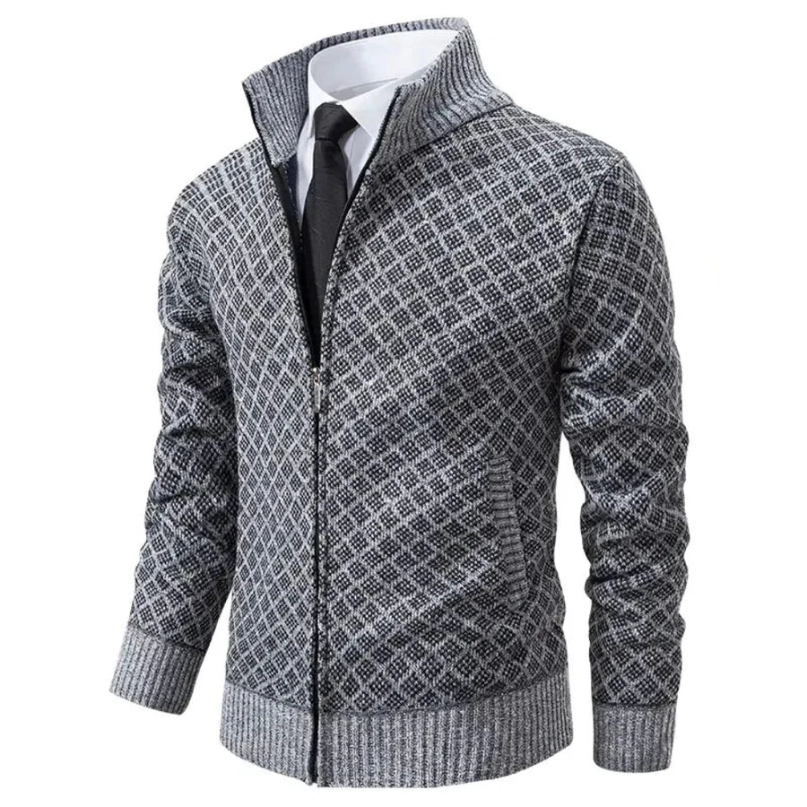Men's diamond jacquard knit cardigan with stand collar and zip front