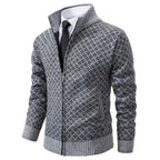 Men's diamond jacquard knit cardigan with stand collar and zip front