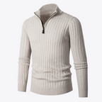 Men's ribbed quarter-zip sweater with stand collar and long sleeves