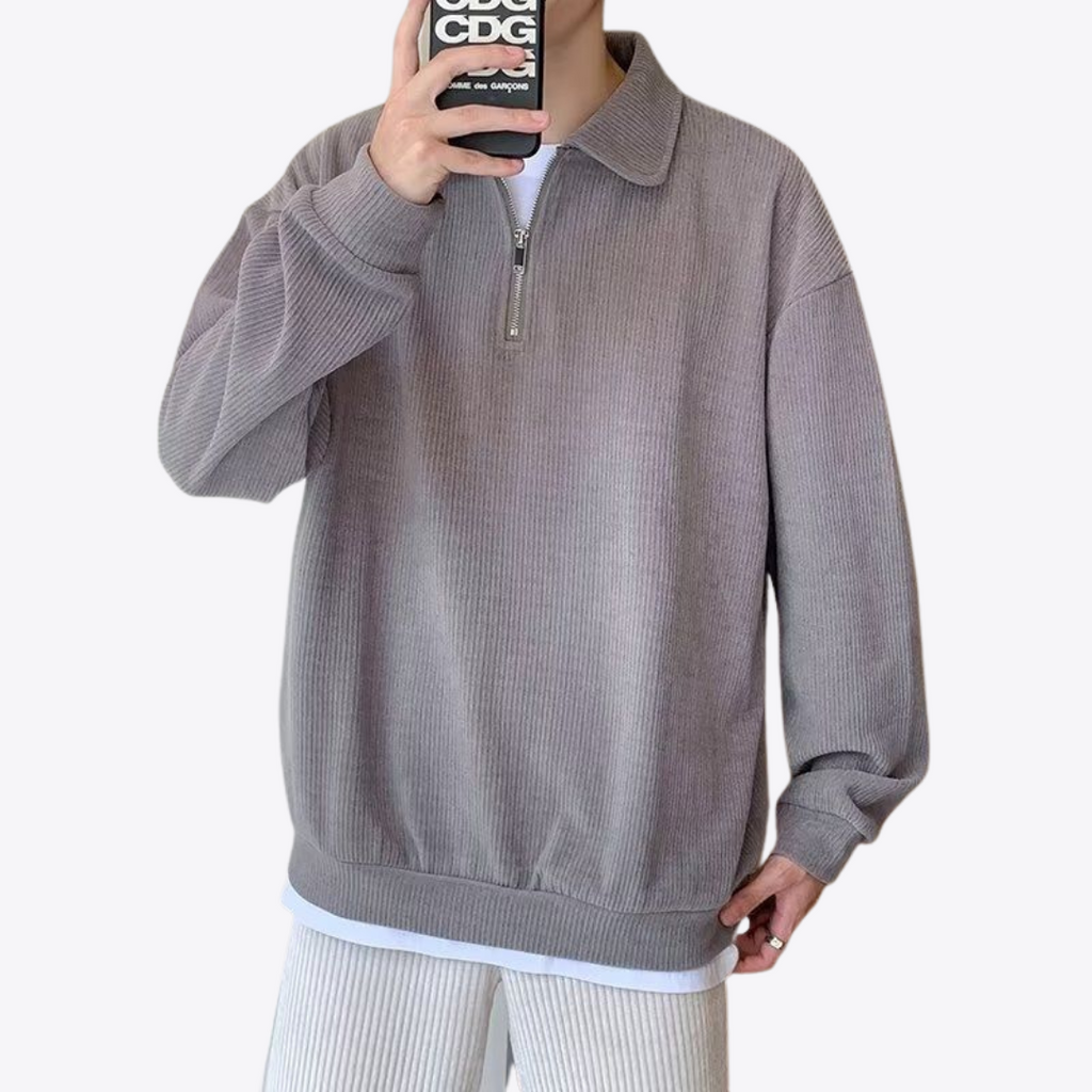 Men's ribbed quarter-zip jumper with collared neckline and long sleeves