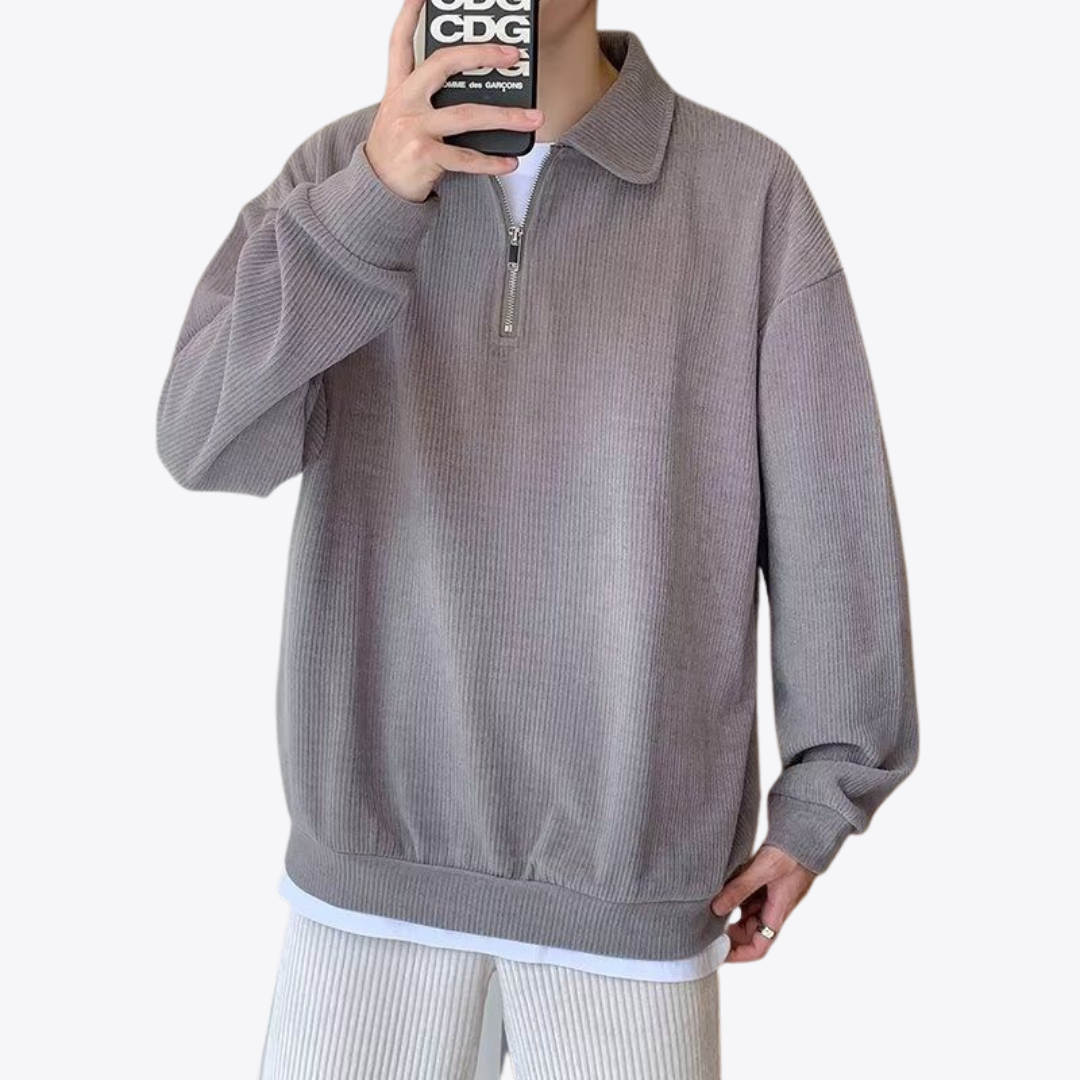 Men's ribbed quarter-zip jumper with collared neckline and long sleeves