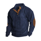 Men's ribbed quarter-button sweatshirt with stand collar and elbow patches
