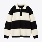 Men's black and cream striped polo sweater with long sleeves and button placket