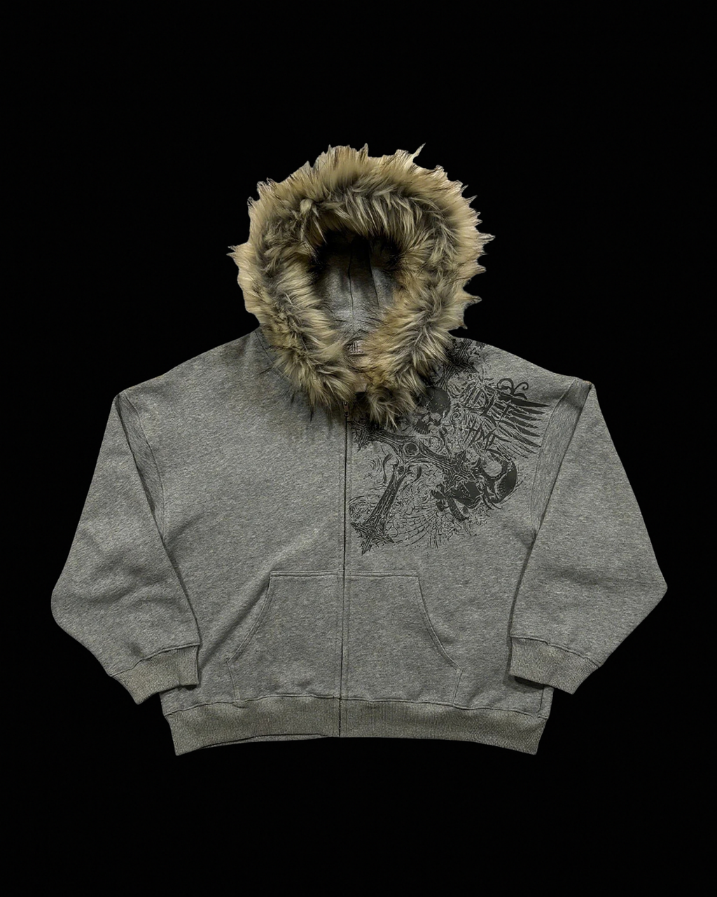 Unisex graphic zip hoodie with a fur-trimmed hood and front pouch pocket