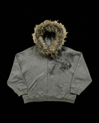 Unisex graphic zip hoodie with a fur-trimmed hood and front pouch pocket