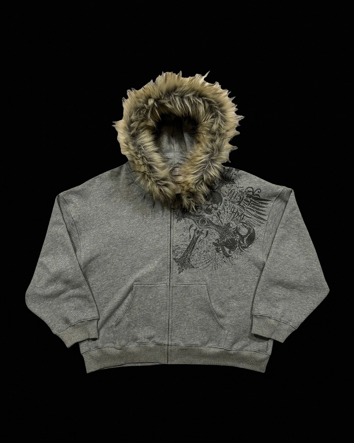 Unisex graphic zip hoodie with a fur-trimmed hood and front pouch pocket