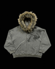 Unisex graphic zip hoodie with a fur-trimmed hood and front pouch pocket
