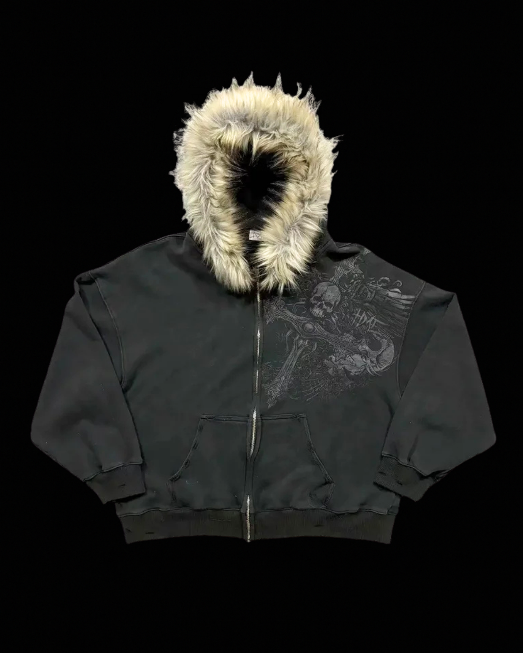 Unisex graphic zip hoodie with a fur-trimmed hood and front pouch pocket
