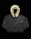 Unisex graphic zip hoodie with a fur-trimmed hood and front pouch pocket