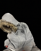 Unisex graphic zip hoodie with a fur-trimmed hood and front pouch pocket