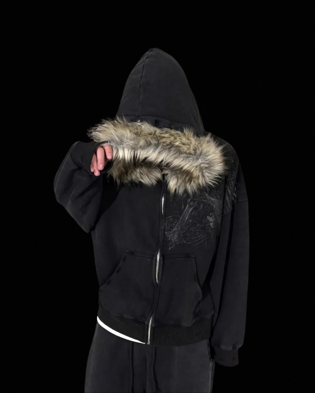 Unisex graphic zip hoodie with a fur-trimmed hood and front pouch pocket