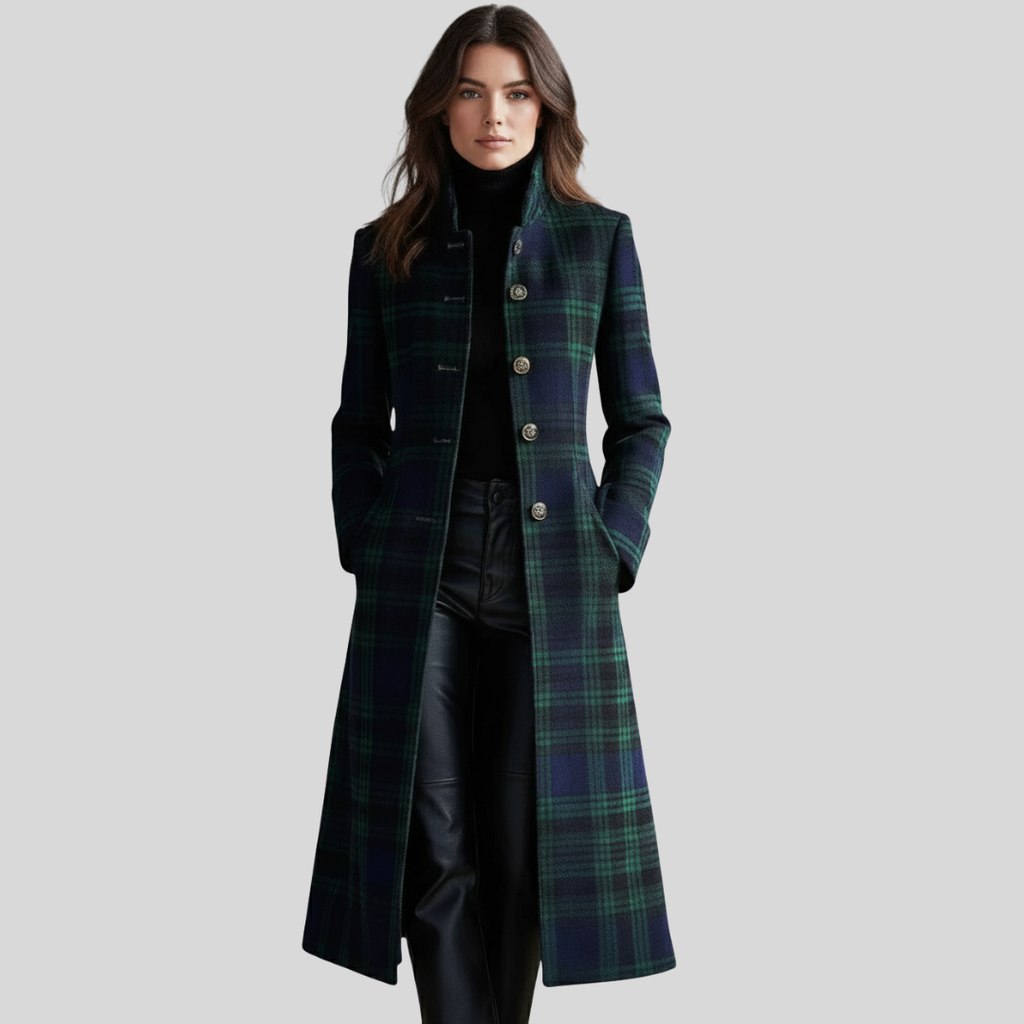 Women's long blue and green plaid coat with stand collar and buttons