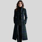 Women's long blue and green plaid coat with stand collar and buttons