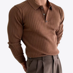 Men's long-sleeve ribbed polo sweater with lapel collar