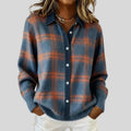 Women's blue plaid button-front cardigan with collar and long sleeves