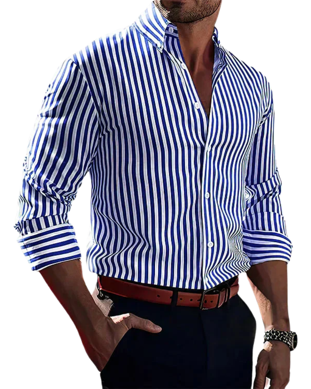 Men's vertical striped shirt with button front and rolled sleeves