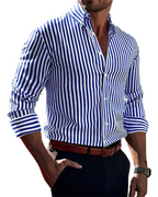 Men's vertical striped shirt with button front and rolled sleeves
