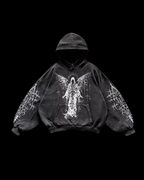Black pullover hoodie with white angel graphics, hood, long sleeves and front pouch pocket