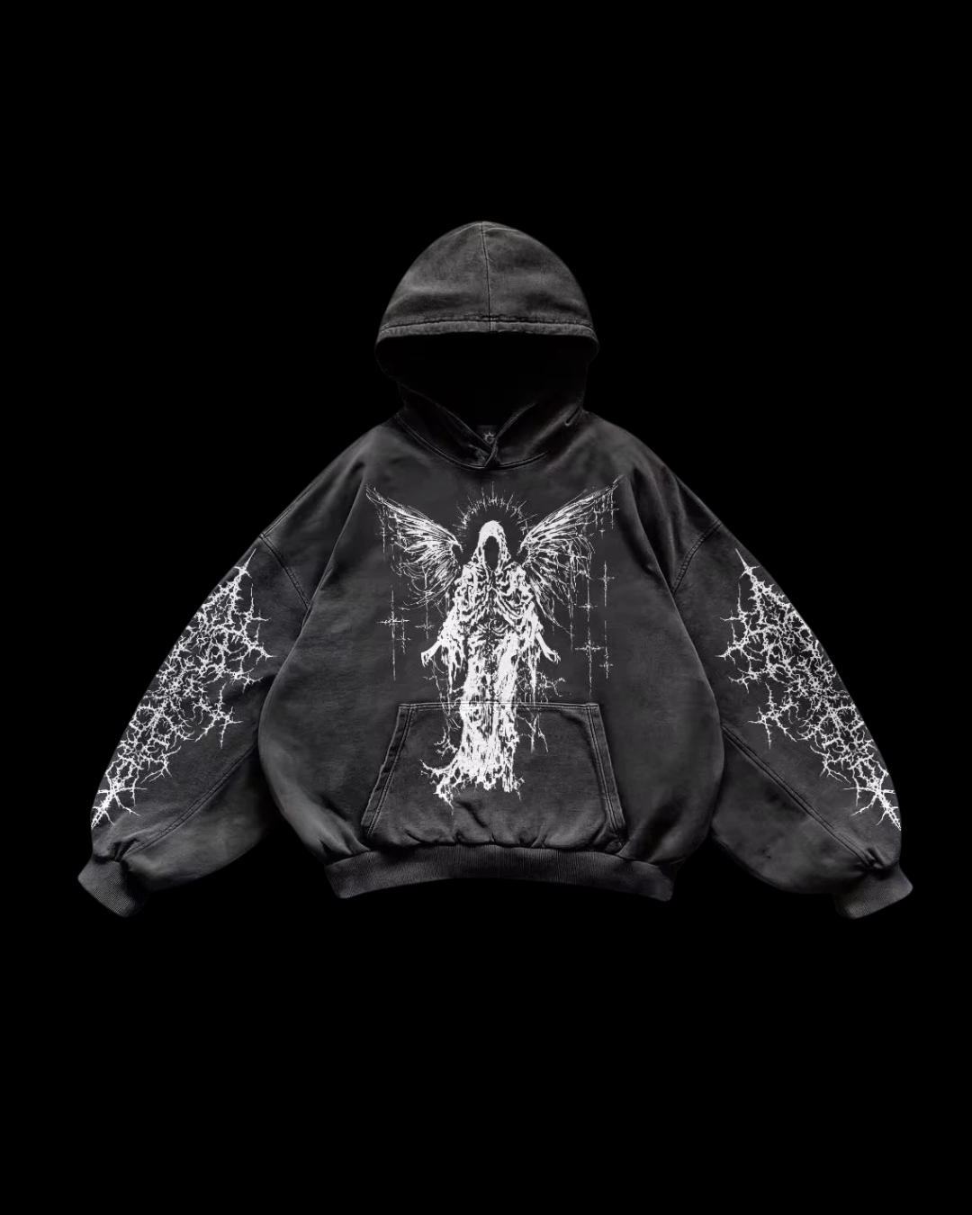 Black pullover hoodie with white angel graphics, hood, long sleeves and front pouch pocket