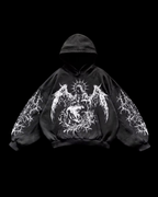 Black pullover hoodie with white angel graphics, hood, long sleeves and front pouch pocket