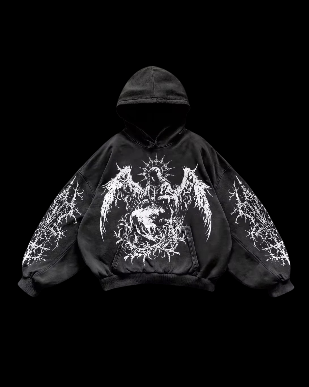 Black pullover hoodie with white angel graphics, hood, long sleeves and front pouch pocket