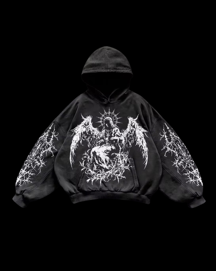 Black pullover hoodie with white angel graphics, hood, long sleeves and front pouch pocket