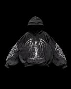 Black pullover hoodie with white angel graphics, hood, long sleeves and front pouch pocket