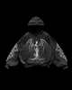 Black pullover hoodie with white angel graphics, hood, long sleeves and front pouch pocket