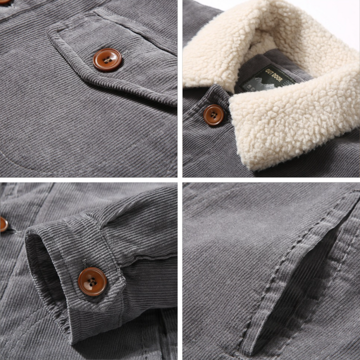 Men's corduroy jacket with shearling-style collar, button front and pockets