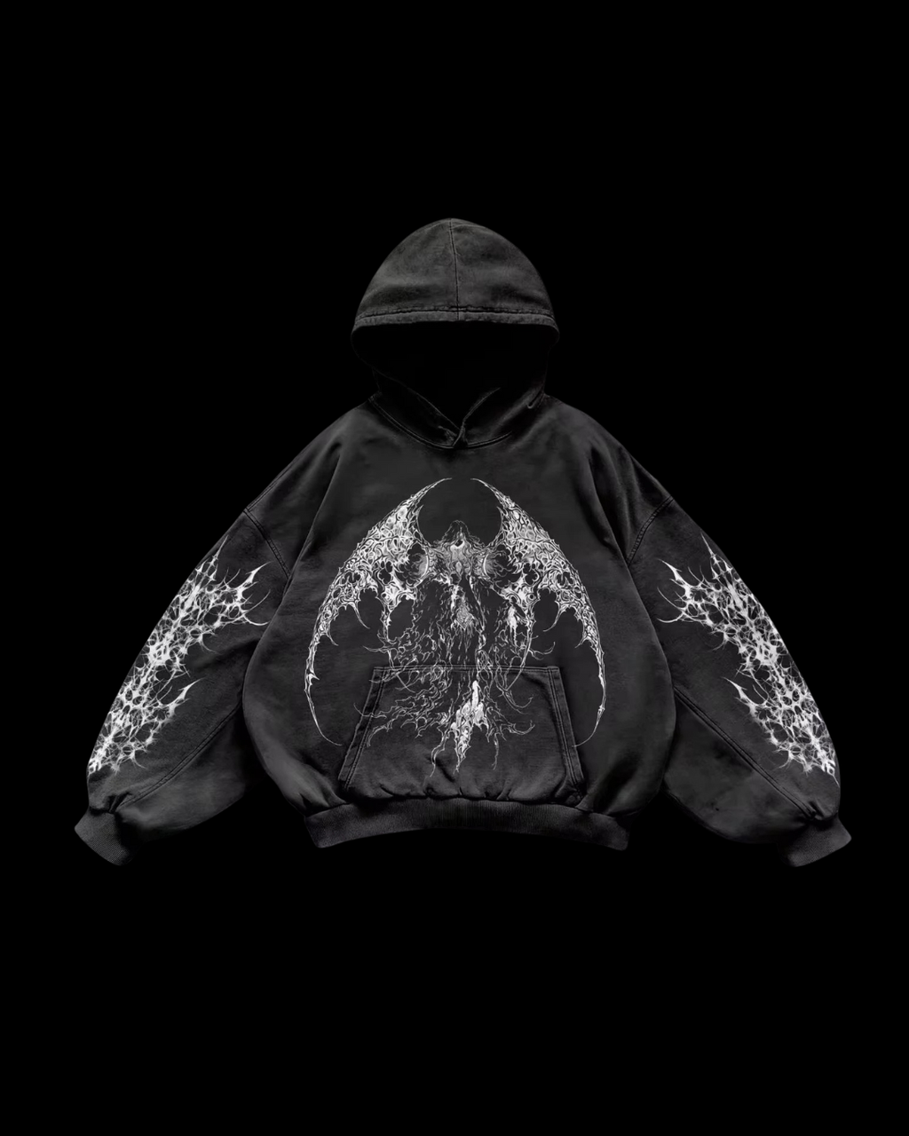 Black pullover hoodie with white angel graphics, hood, long sleeves and front pouch pocket