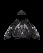 Black pullover hoodie with white angel graphics, hood, long sleeves and front pouch pocket